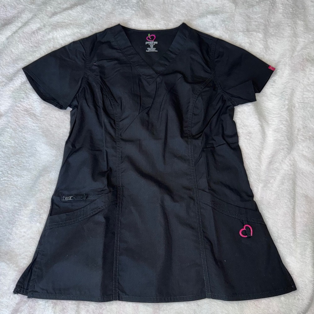 Peaches Uniforms Womens XS Black V-Neck Scrub Top Heart Detail Zipper Pocket